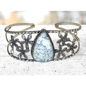 925 Silver Plated Dendrite Opal Flower Bangle Cuff Bracelet Gemstone Handmade